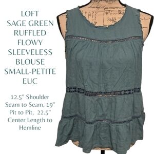 LOFT Sage Ruffled, Tiered, Flowy Boho Sleeveless Top Blouse Small-Petite SP NwoT
